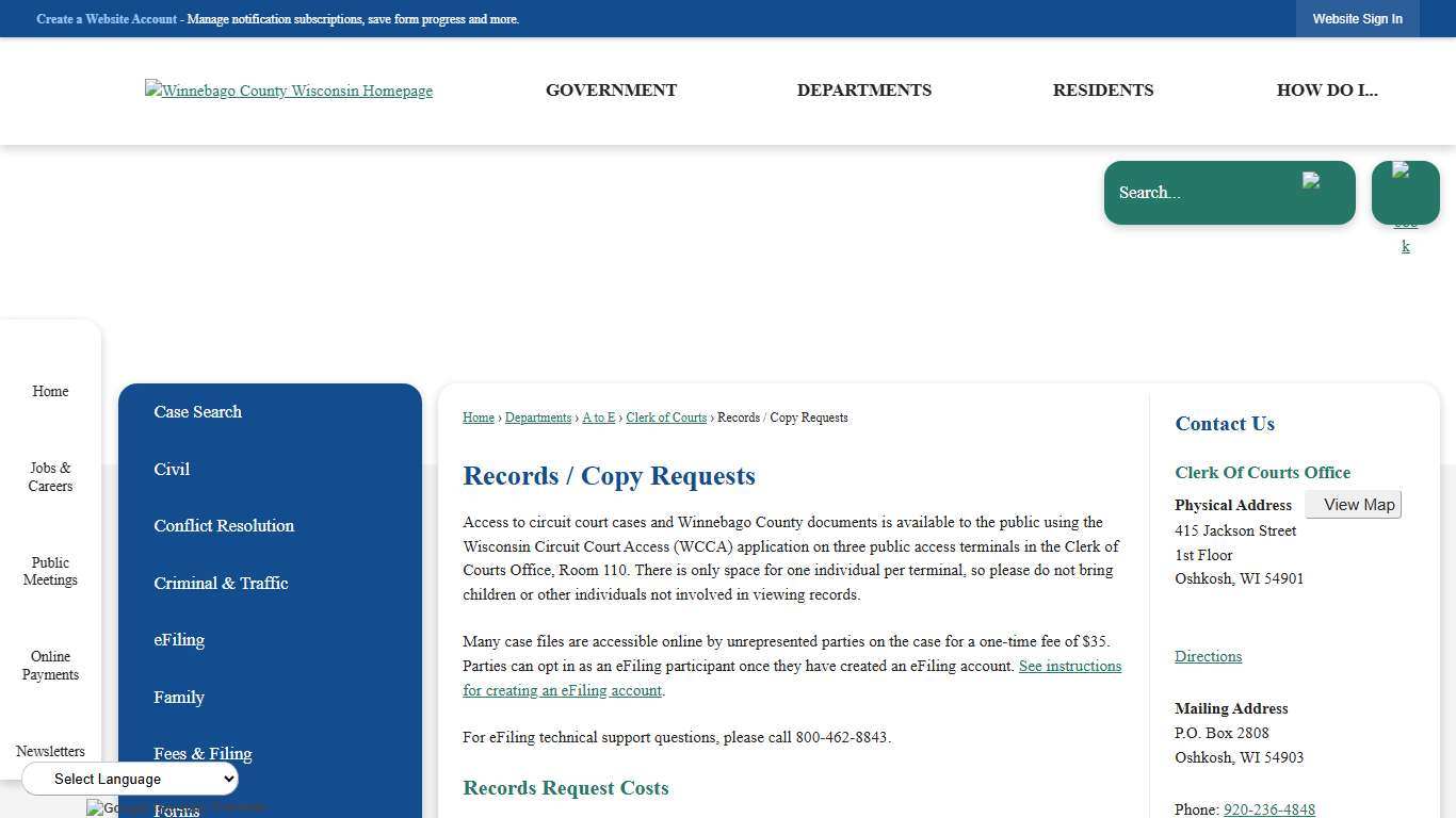 Records / Copy Requests Winnebago County, WI